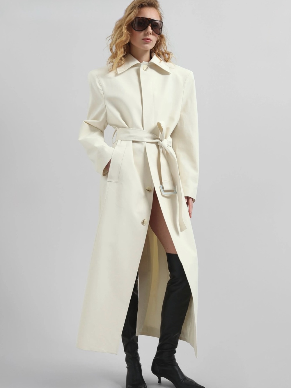 The Frankie Shop Cream Long Trench Coat with Waist Tie